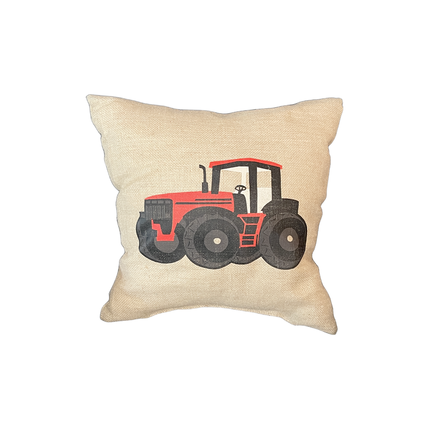 Red Tractor Square Burlap Pillow