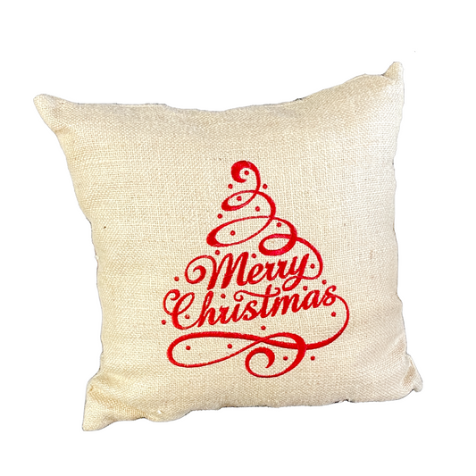 Red Merry Christmas Embroidered Square Burlap Pillow