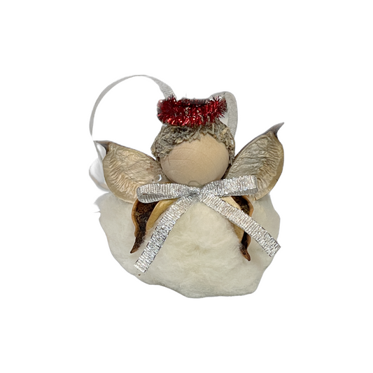 Silver Bow Cotton Boll Angel Ornament