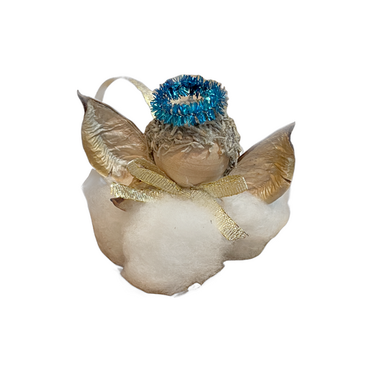 Gold Bow Cotton Boll Angel Ornament