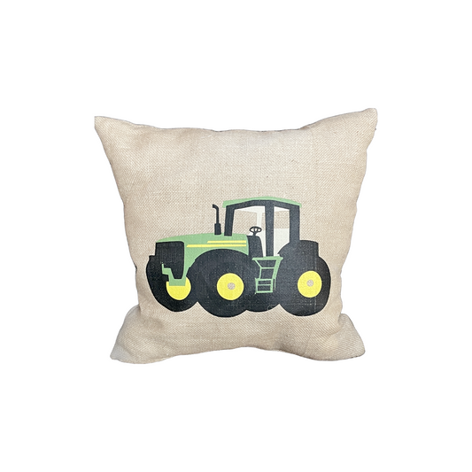 Green Tractor Square Burlap Pillow