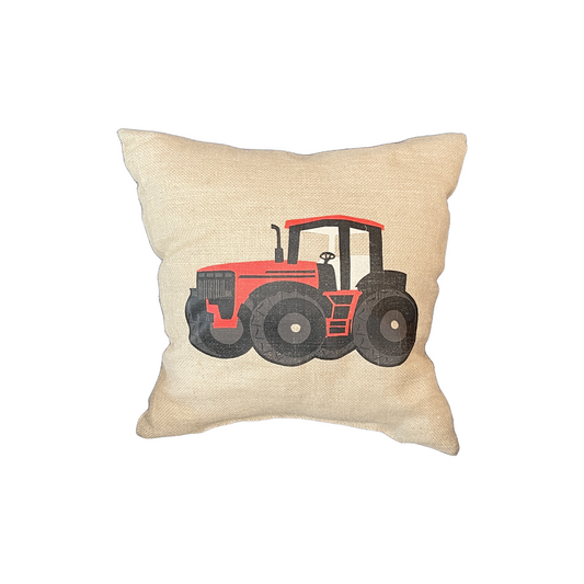 Red Tractor Square Burlap Pillow